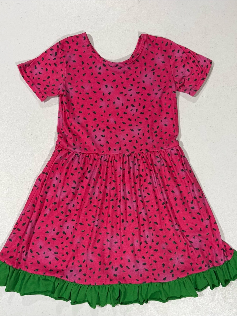Girls Pink Watermelon Print Dress with Green Ruffle Hem